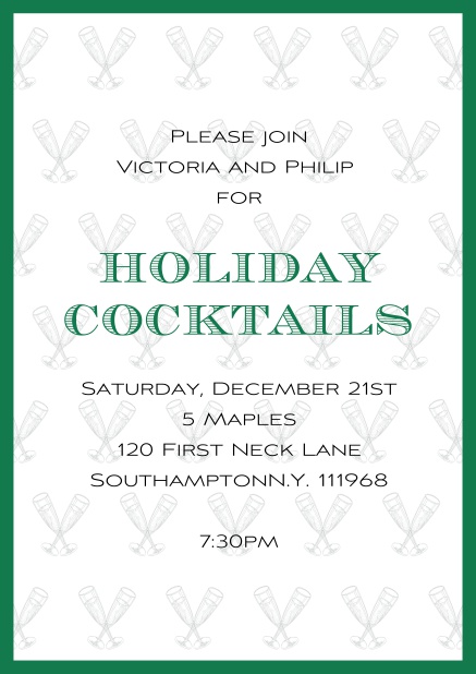 Online Christmas party invitation card with champagne glasses and frame in choosable colors. Green.