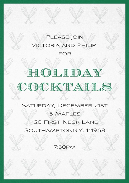 Christmas party invitation card with champagne glasses and frame in choosable colors. Green.