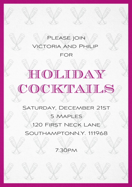 Christmas party invitation card with champagne glasses and frame in choosable colors. Pink.