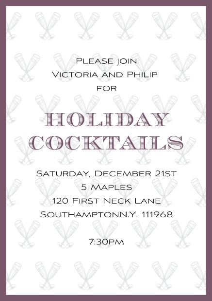 Online Christmas party invitation card with champagne glasses and frame in choosable colors. Purple.