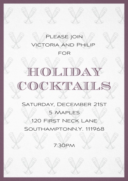 Christmas party invitation card with champagne glasses and frame in choosable colors. Purple.