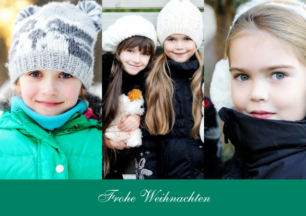 Online Weihnachtskarte mit Drei Fotooptionen in hochkant mit Text Grün.