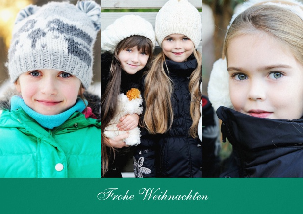 Weihnachtskarte für 3 Kinderfotos in hochkant mit Text vorne. Grün.