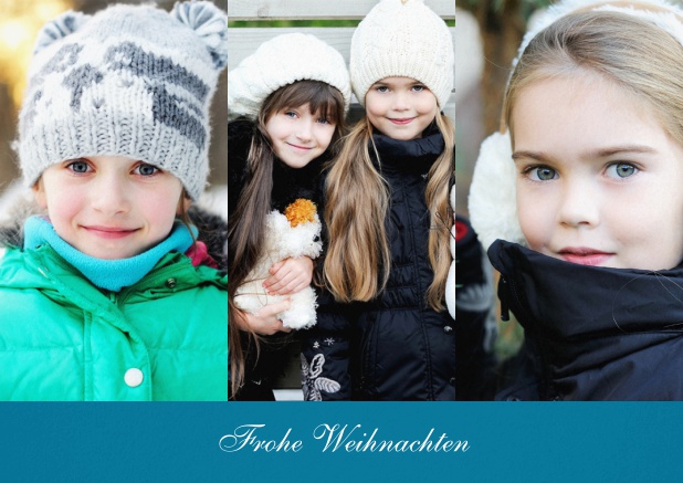 Weihnachtskarte für 3 Kinderfotos in hochkant mit Text vorne. Marine.