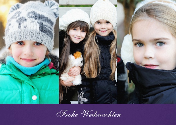 Weihnachtskarte für 3 Kinderfotos in hochkant mit Text vorne. Lila.