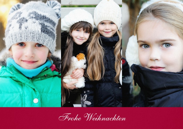 Weihnachtskarte für 3 Kinderfotos in hochkant mit Text vorne. Rot.