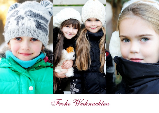 Online Weihnachtskarte mit Drei Fotooptionen in hochkant mit Text Weiss.