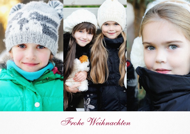 Weihnachtskarte für 3 Kinderfotos in hochkant mit Text vorne. Weiss.