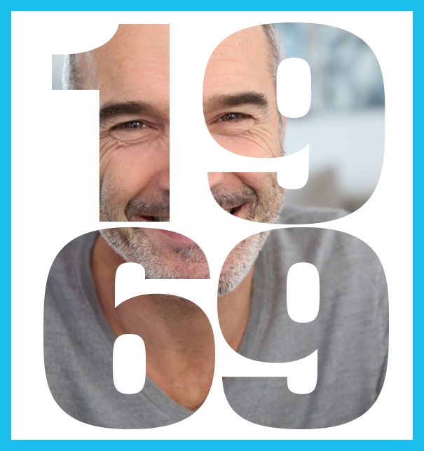 1969 geboren gross - Blau - 50. Geburtstag Große Online Einladungskarte zum 50. Geburtstag mit Rahmen und ausgeschnittenem Geburtsjahr 1969. Blau.