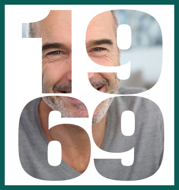 1969 geboren gross - Grün - 50. Geburtstag Große Online Einladungskarte zum 50. Geburtstag mit Rahmen und ausgeschnittenem Geburtsjahr 1969. Grün.