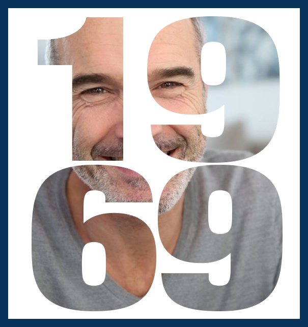 1969 geboren gross - Marine - 50. Geburtstag Große Online Einladungskarte zum 50. Geburtstag mit Rahmen und ausgeschnittenem Geburtsjahr 1969. Marine.