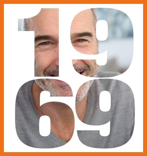 1969 geboren gross - Orange - 50. Geburtstag Große Online Einladungskarte zum 50. Geburtstag mit Rahmen und ausgeschnittenem Geburtsjahr 1969. Orange.
