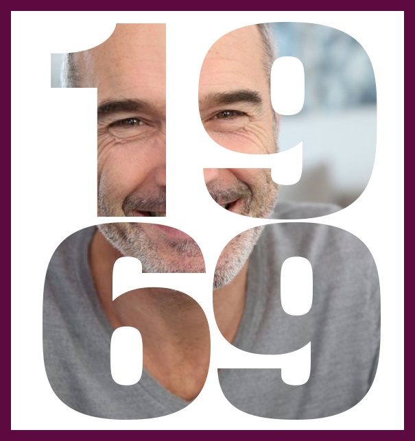 1969 geboren gross - Lila - 50. Geburtstag Große Online Einladungskarte zum 50. Geburtstag mit Rahmen und ausgeschnittenem Geburtsjahr 1969. Lila.