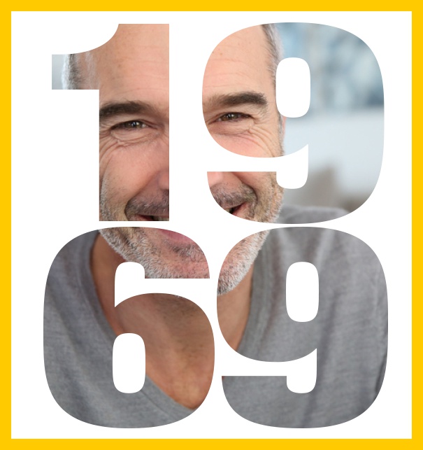 1969 geboren gross - Gelb - 50. Geburtstag Große Online Einladungskarte zum 50. Geburtstag mit Rahmen und ausgeschnittenem Geburtsjahr 1969. Gelb.