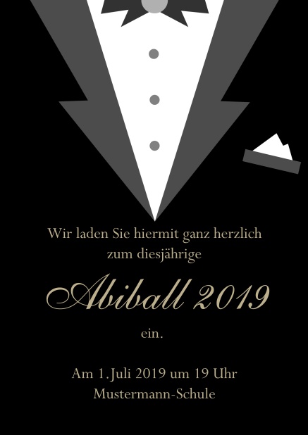 Online Einladungskarte zum Abi-Ball gestaltet als Smoking. Schwarz.