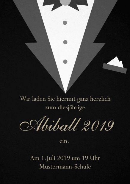 Einladungskarte zum Abi-Ball gestaltet als Smoking. Schwarz.