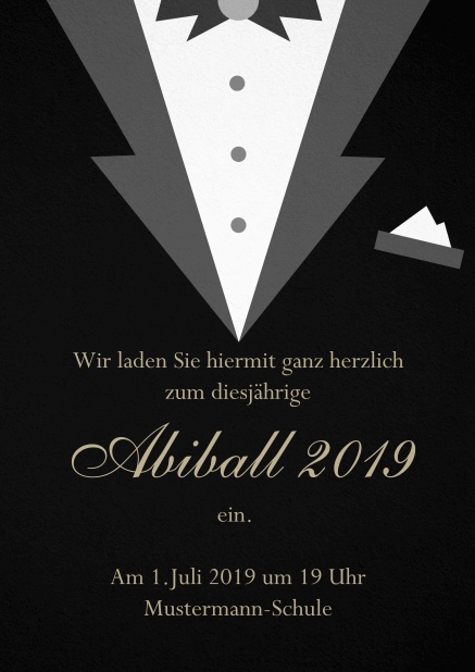 Abi 19 Smoking - Schwarz - Abifest Einladungskarte zum Abi-Ball gestaltet als Smoking. Schwarz.