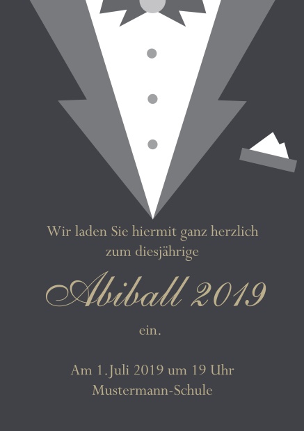 Online Einladungskarte zum Abi-Ball gestaltet als Smoking. Grau.