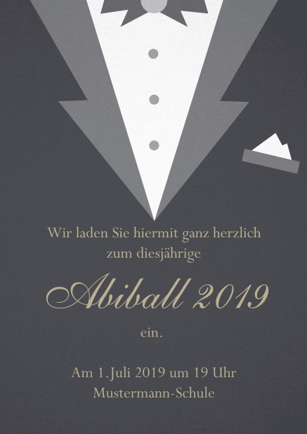 Einladungskarte zum Abi-Ball gestaltet als Smoking. Grau.