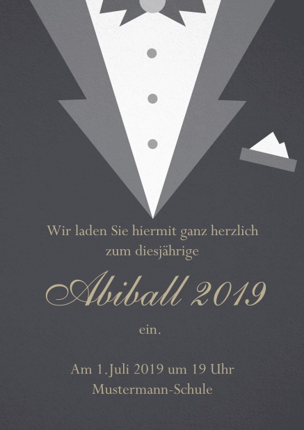 Abi 19 Smoking - Grau - Abifest Einladungskarte zum Abi-Ball gestaltet als Smoking. Grau.