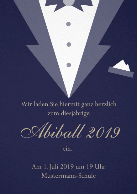 Abi 19 Smoking - Marine - Abifest Einladungskarte zum Abi-Ball gestaltet als Smoking. Marine.