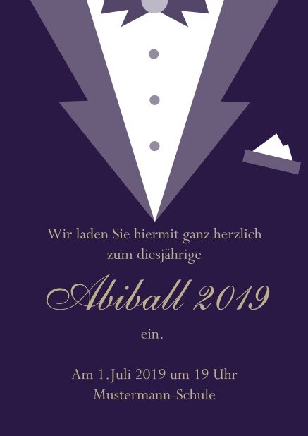 Abi 19 Smoking - Lila - Abifest Online Einladungskarte zum Abi-Ball gestaltet als Smoking. Lila.