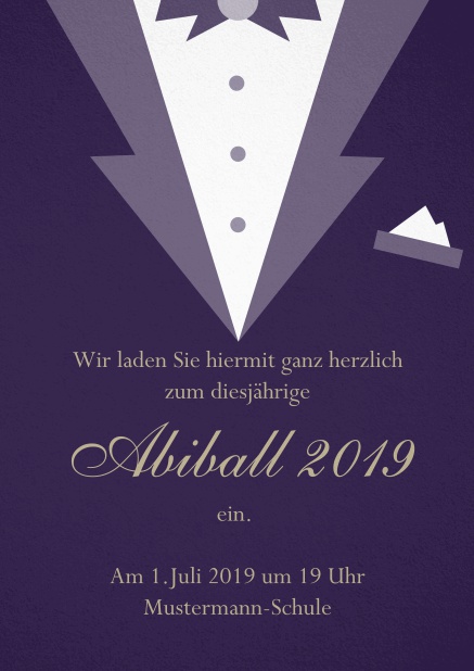 Abi 19 Smoking - Lila - Abifest Einladungskarte zum Abi-Ball gestaltet als Smoking. Lila.