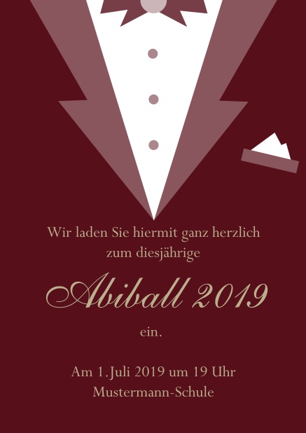 Online Einladungskarte zum Abi-Ball gestaltet als Smoking. Rot.