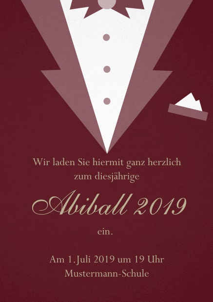 Einladungskarte zum Abi-Ball gestaltet als Smoking. Rot.
