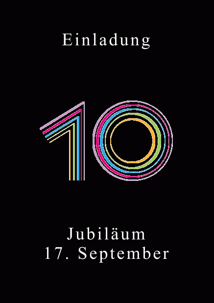 Farbenfrohe animierte 10 - Schwarz - Animierte Einladungen Online Einladungskarte zum 10. Jubiläum mit großer animierender Zahl 10 in verschiedenen bunten Farben. Schwarz.