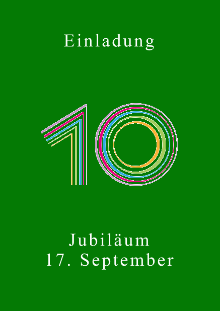 Online Einladungskarte zum 10. Jubiläum mit großer animierender Zahl 10 in verschiedenen bunten Farben. Grün.