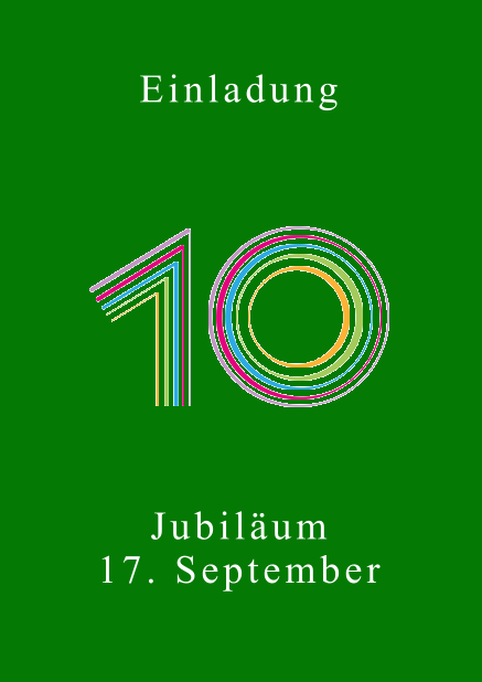 Farbenfrohe animierte 10 - Grün - Animierte Einladungen Online Einladungskarte zum 10. Jubiläum mit großer animierender Zahl 10 in verschiedenen bunten Farben. Grün.