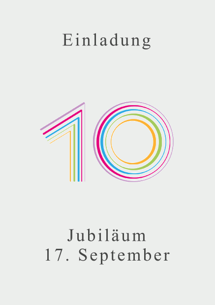 Online Einladungskarte zum 10. Jubiläum mit großer animierender Zahl 10 in verschiedenen bunten Farben. Grau.