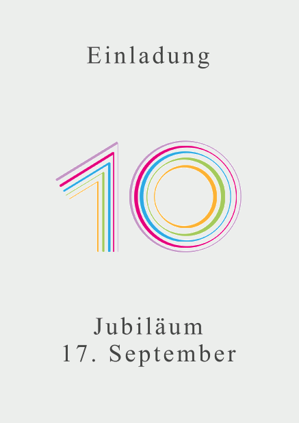 Farbenfrohe animierte 10 - Grau - Animierte Einladungen Online Einladungskarte zum 10. Jubiläum mit großer animierender Zahl 10 in verschiedenen bunten Farben. Grau.