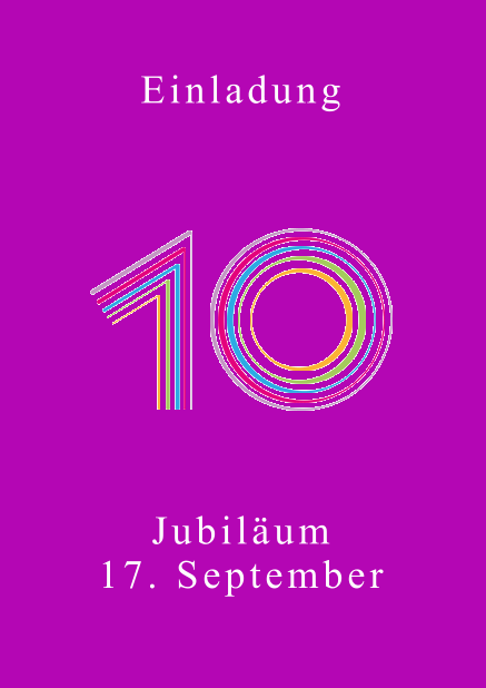 Farbenfrohe animierte 10 - Lila - Animierte Einladungen Online Einladungskarte zum 10. Jubiläum mit großer animierender Zahl 10 in verschiedenen bunten Farben. Lila.