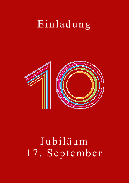 Online Einladungskarte zum 10. Jubiläum mit großer animierender Zahl 10 in verschiedenen bunten Farben. Rot.