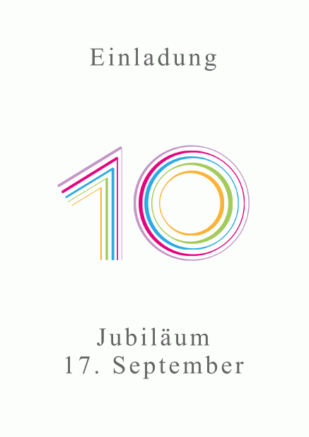 Online Einladungskarte zum 10. Jubiläum mit großer animierender Zahl 10 in verschiedenen bunten Farben. Weiss.