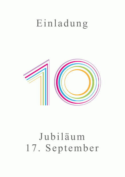 Farbenfrohe animierte 10 - Weiss - Animierte Einladungen Online Einladungskarte zum 10. Jubiläum mit großer animierender Zahl 10 in verschiedenen bunten Farben. Weiss.