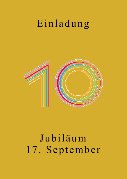 Farbenfrohe animierte 10 - Gelb - Animierte Einladungen Online Einladungskarte zum 10. Jubiläum mit großer animierender Zahl 10 in verschiedenen bunten Farben. Gelb.