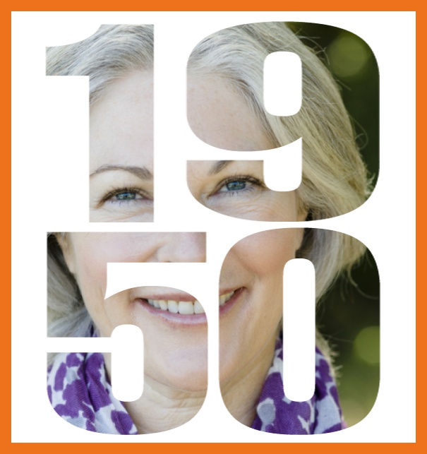 Born in 1950 large - Orange - 70th Anniversary Online invitation card with cut out 1950 for own photo, great for 70th Birthday invitations Orange.