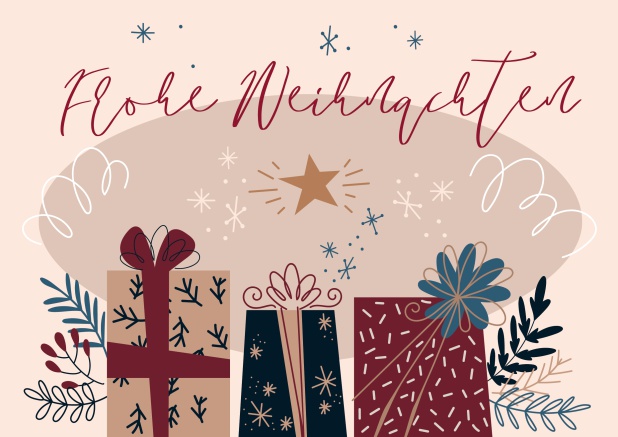 Online Weihnachtsfeier Einladungskarte mit Frohe Weihnachten Text und bunten Weihnachtsgeschenken