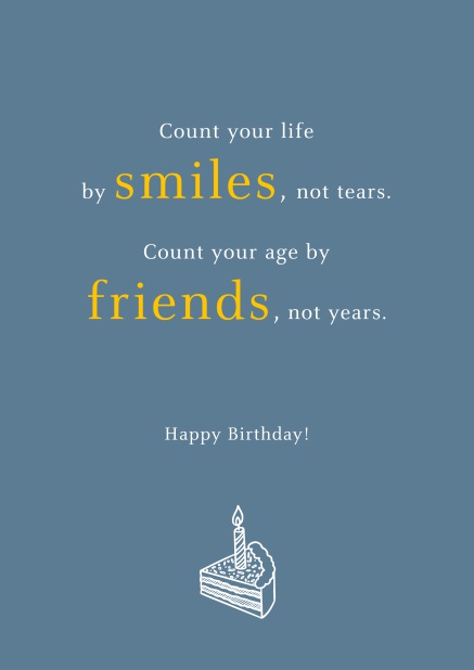 Blau graue Online Geburtstagskarte mit smiles und friends Text.