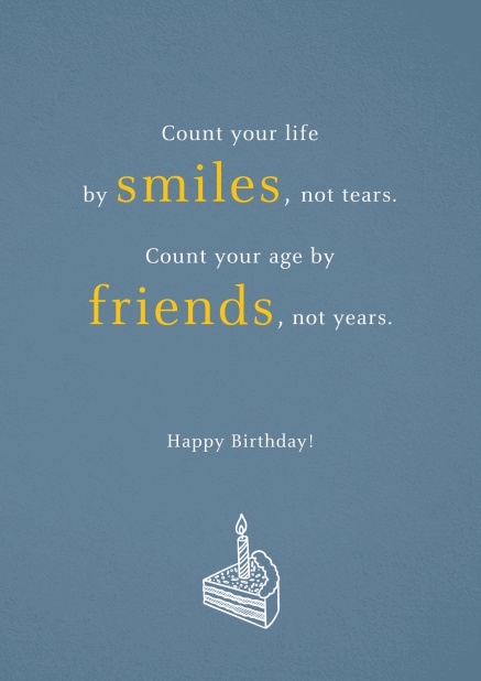Blau graue Geburtstagskarte mit smiles und friends Text.