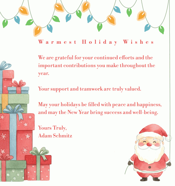 Holiday Card with a bunch of presents, Santa and animated blinking lights