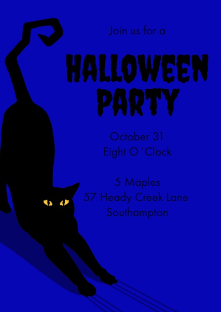 Halloween online invitation card with frightening black cat Blue.