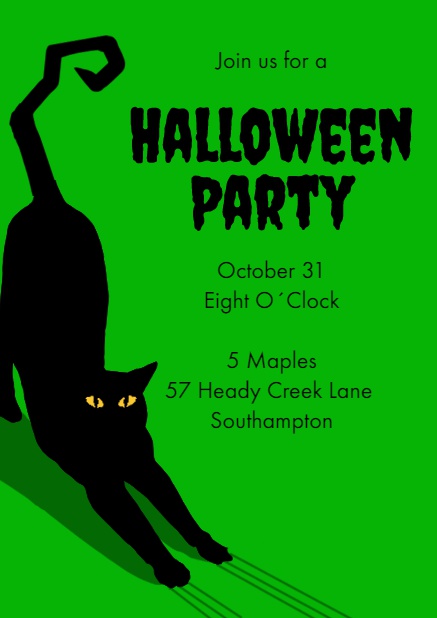Halloween online invitation card with frightening black cat Green.