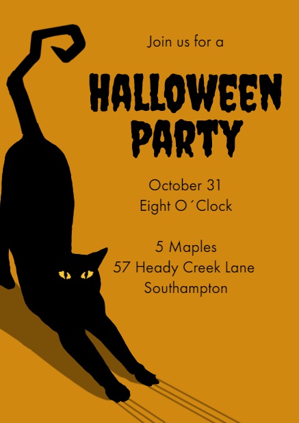 Halloween online invitation card with frightening black cat Orange.