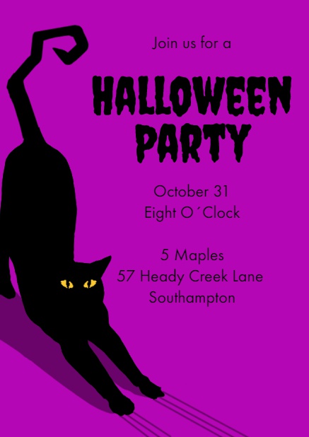 Halloween online invitation card with frightening black cat Purple.