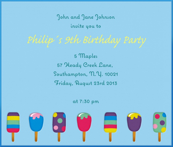 Square Blue Summer Kids' Invitation Card with Ice cream.