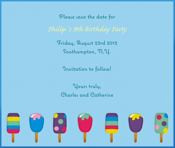 Blue Summer Themed Seasonal Save the Date Card with Ice Cream.